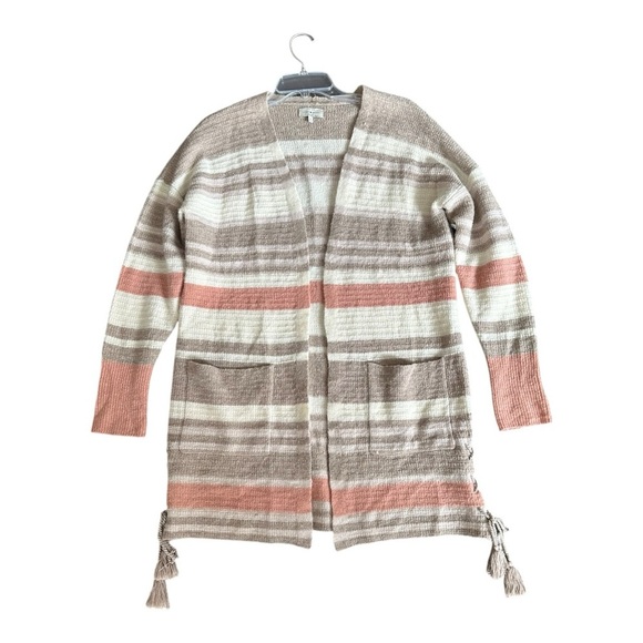 Lucky Brand Striped Open Front Cardigan Sweater Pastel Taupe Pink Wool Linen Med - Picture 6 of 16
